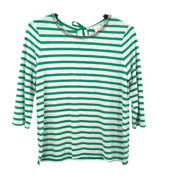 Striped Nautical Embellished Neckline Top Women Size L Tie Bow Back Coastal Soft - Picture 1 of 10